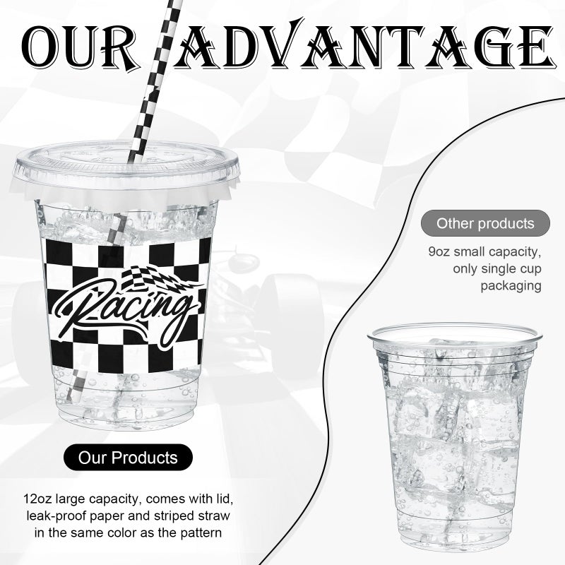 FoldTier 50 Pcs Checkered Racing Party Plastic Cups 12 oz White Black Checkered Flag Clear Cups with Straws and Lids Disposable Drink Cup for Race Car Sport Theme Birthday Party Supplies Baby Shower - Image 2