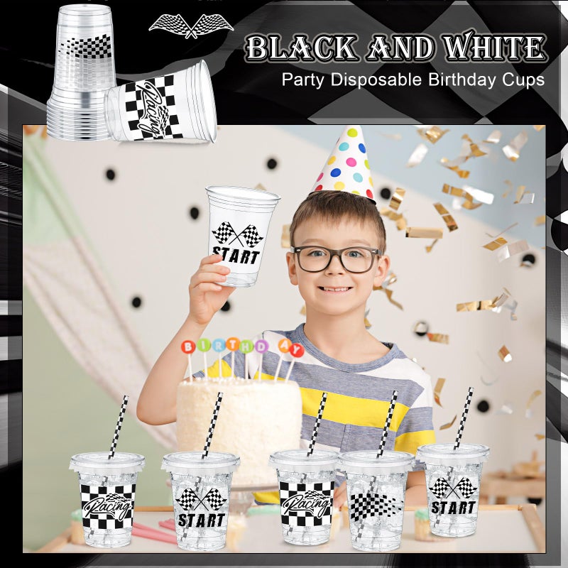FoldTier 50 Pcs Checkered Racing Party Plastic Cups 12 oz White Black Checkered Flag Clear Cups with Straws and Lids Disposable Drink Cup for Race Car Sport Theme Birthday Party Supplies Baby Shower - Image 5