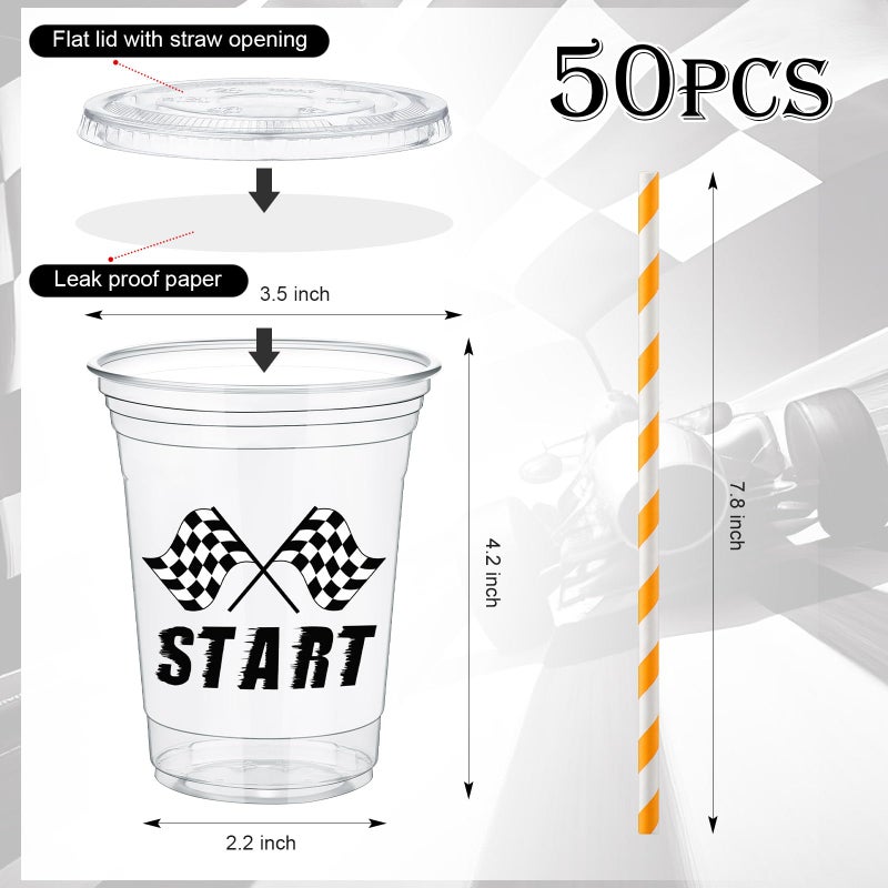 FoldTier 50 Pcs Checkered Racing Party Plastic Cups 12 oz White Black Checkered Flag Clear Cups with Straws and Lids Disposable Drink Cup for Race Car Sport Theme Birthday Party Supplies Baby Shower - Image 3