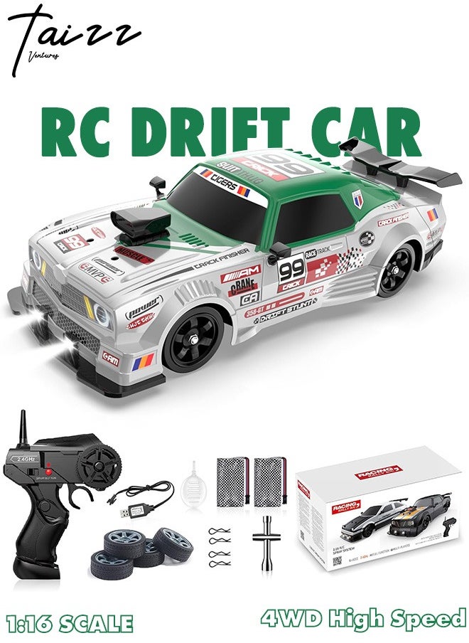 Taizz Ventures - 1:16 Scale Remote Control Car RC Drift Car 4WD 18KM/H High Speed Model Vehicle 2.4GHz with LED Lights Spray Rubber Tire Racing Sport Toy Car for Adults Boys Girls Kids Gift 2Pcs Rechargeable Batteries - Green - Image 1