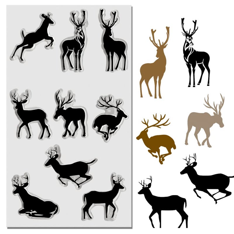 Threetols 9pcs Christmas Deer Clear Stamps for Card Making Elk Clear Rubber Stamps Jumping Deer Stamps for Holiday Card Making Decor DIY Scrapbooking Transparent Album Decor Paper Craft