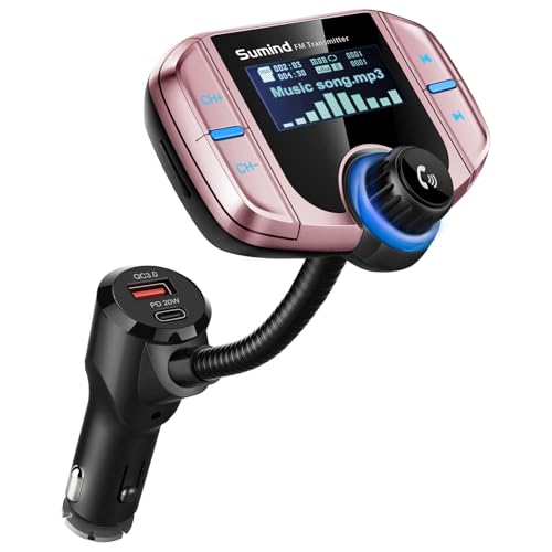 Sumind 2026 Upgraded Wireless Bluetooth Car Adapter FM Transmitter, 1.7'' LCD Display, Flexible Gooseneck, 20W QC3.0&Dual USB Ports, AUX Input/Output for Hands-Free Call, Micro/TF Card(Rose,PD) - Image 1