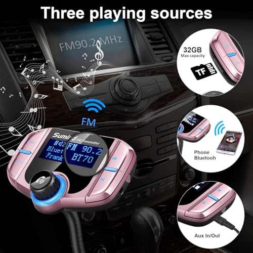 Sumind 2026 Upgraded Wireless Bluetooth Car Adapter FM Transmitter, 1.7'' LCD Display, Flexible Gooseneck, 20W QC3.0&Dual USB Ports, AUX Input/Output for Hands-Free Call, Micro/TF Card(Rose,PD) - Image 5