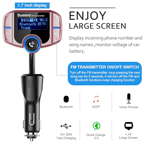Sumind 2026 Upgraded Wireless Bluetooth Car Adapter FM Transmitter, 1.7'' LCD Display, Flexible Gooseneck, 20W QC3.0&Dual USB Ports, AUX Input/Output for Hands-Free Call, Micro/TF Card(Rose,PD) - Image 3