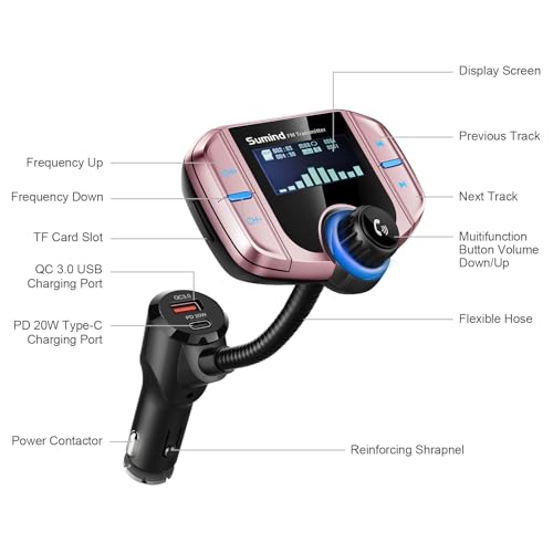 Sumind 2026 Upgraded Wireless Bluetooth Car Adapter FM Transmitter, 1.7'' LCD Display, Flexible Gooseneck, 20W QC3.0&Dual USB Ports, AUX Input/Output for Hands-Free Call, Micro/TF Card(Rose,PD) - Image 2