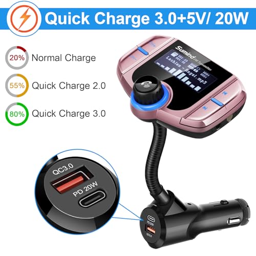 Sumind 2026 Upgraded Wireless Bluetooth Car Adapter FM Transmitter, 1.7'' LCD Display, Flexible Gooseneck, 20W QC3.0&Dual USB Ports, AUX Input/Output for Hands-Free Call, Micro/TF Card(Rose,PD) - Image 4