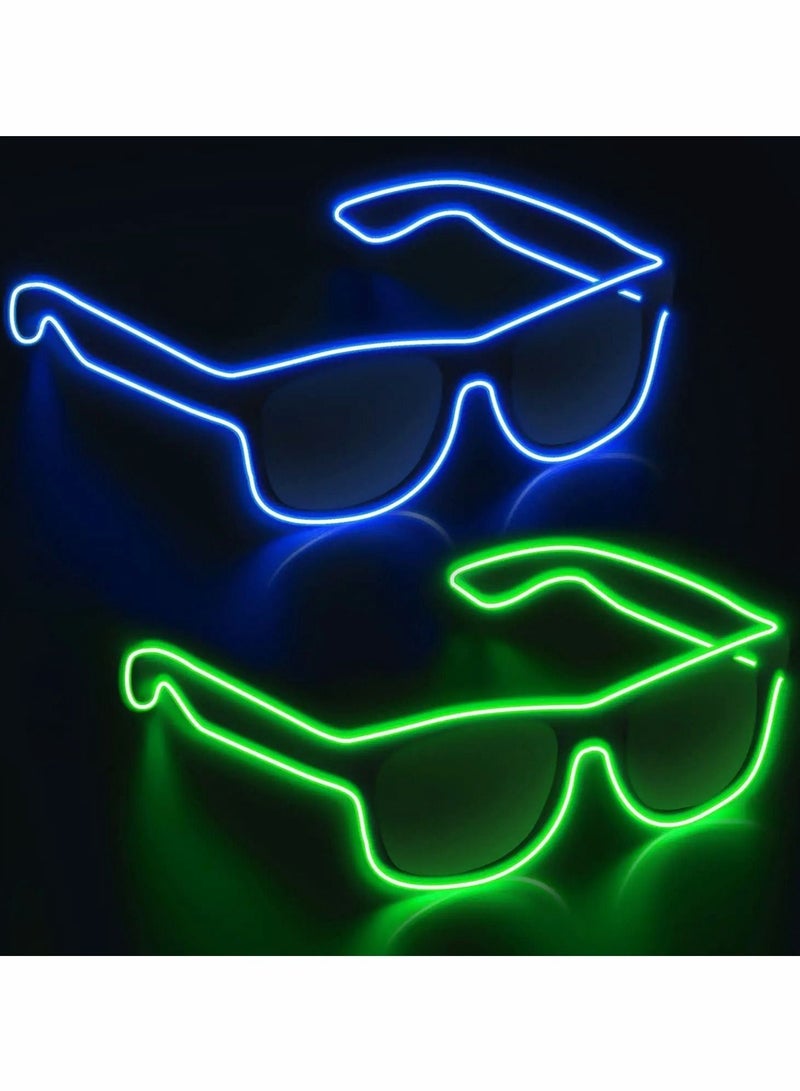 Luminous LED Glasses Glow in the Dark 2 Packs Light up glasses for Rave Party, EDM, Disco, Concert with EL Wire Flashing and Blinking Modes, Green & Purple - Image 1