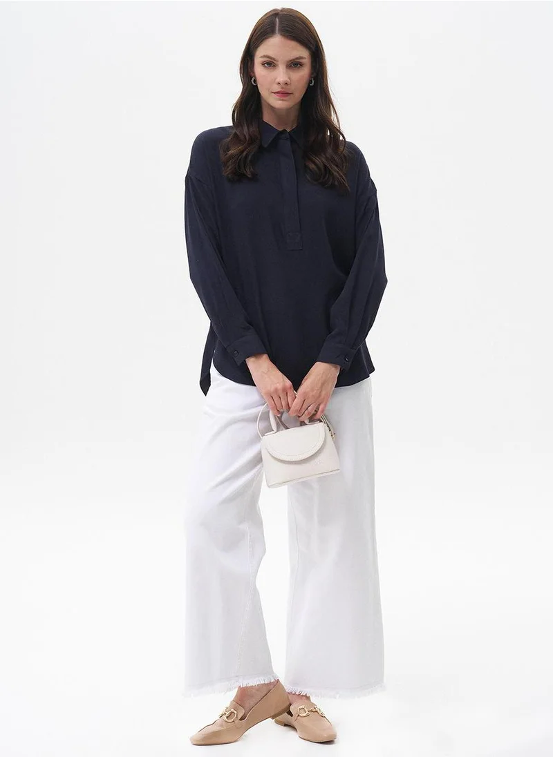 Kayra Half Placket Viscose Shirt Navy Blue