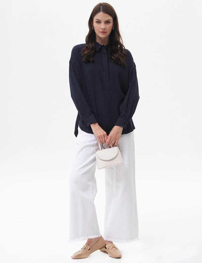 Kayra Half Placket Viscose Shirt Navy Blue