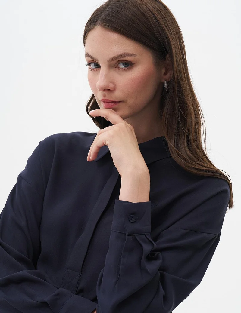 Kayra Half Placket Viscose Shirt Navy Blue