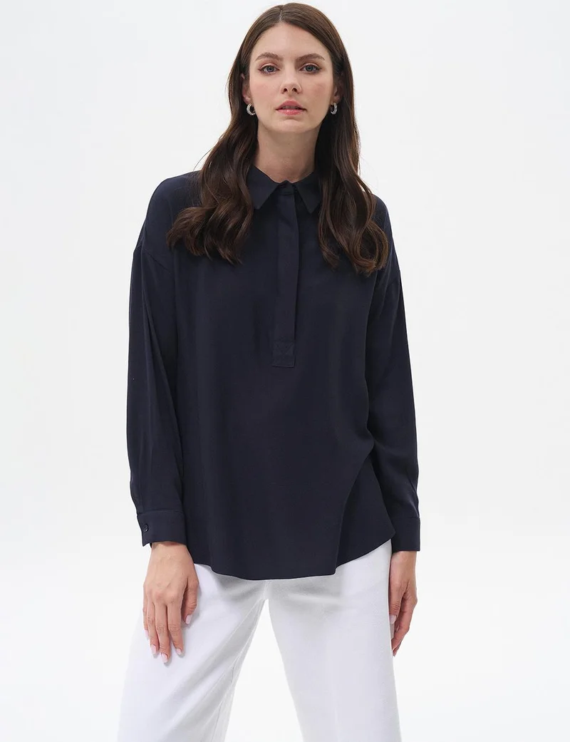 Kayra Half Placket Viscose Shirt Navy Blue