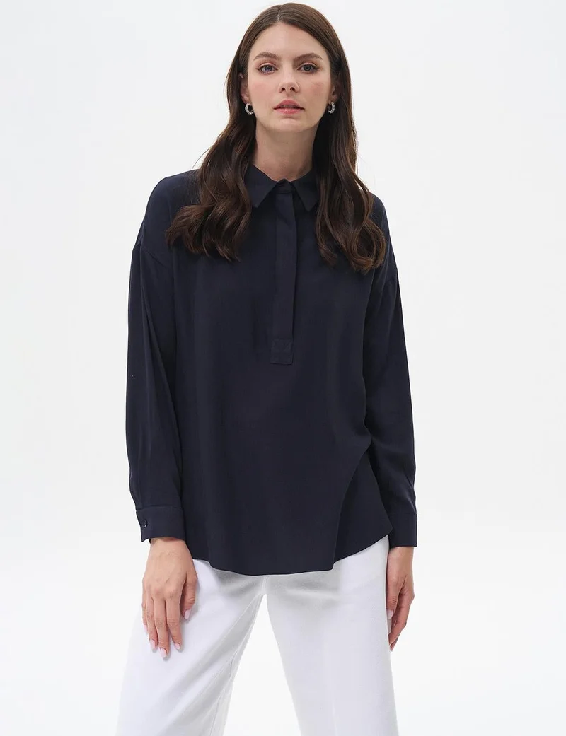 Kayra Half Placket Viscose Shirt Navy Blue
