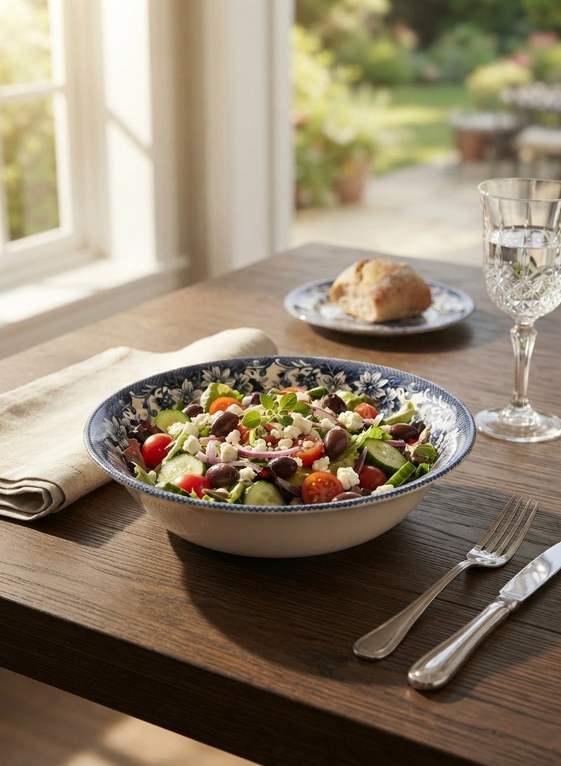 Claytan Earthenware Classic Blue Windmill & Floral Pattern Salad Bowl, 9.3 Inch, White (Set of 4) | Premium Serving Bowl for Salad, Pasta, Fruits & Snacks|Vintage Tableware for Home, Office & Gifting - Image 2
