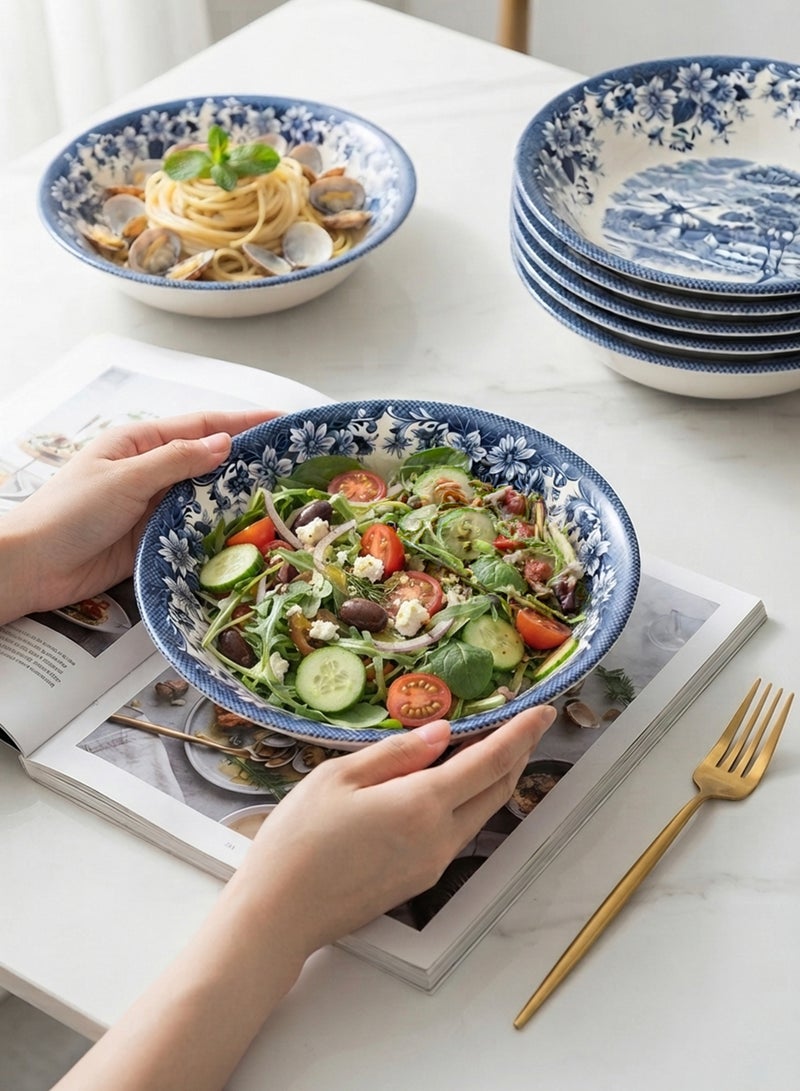 Claytan Earthenware Classic Blue Windmill & Floral Pattern Salad Bowl, 9.3 Inch, White (Set of 4) | Premium Serving Bowl for Salad, Pasta, Fruits & Snacks|Vintage Tableware for Home, Office & Gifting - Image 4