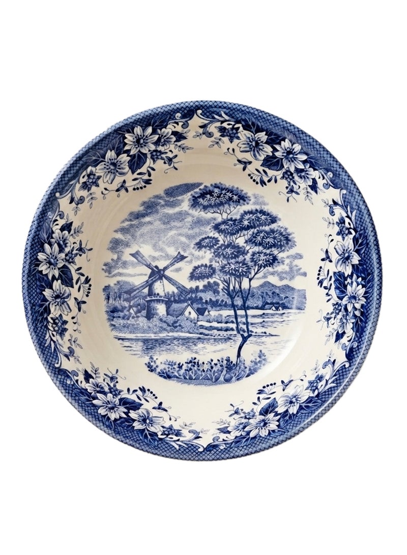 Claytan Earthenware Classic Blue Windmill & Floral Pattern Salad Bowl, 9.3 Inch, White (Set of 4) | Premium Serving Bowl for Salad, Pasta, Fruits & Snacks|Vintage Tableware for Home, Office & Gifting - Image 3