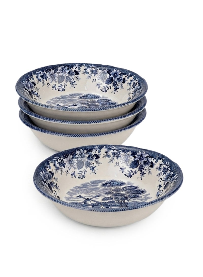 Claytan Earthenware Classic Blue Windmill & Floral Pattern Salad Bowl, 9.3 Inch, White (Set of 4) | Premium Serving Bowl for Salad, Pasta, Fruits & Snacks|Vintage Tableware for Home, Office & Gifting - Image 1