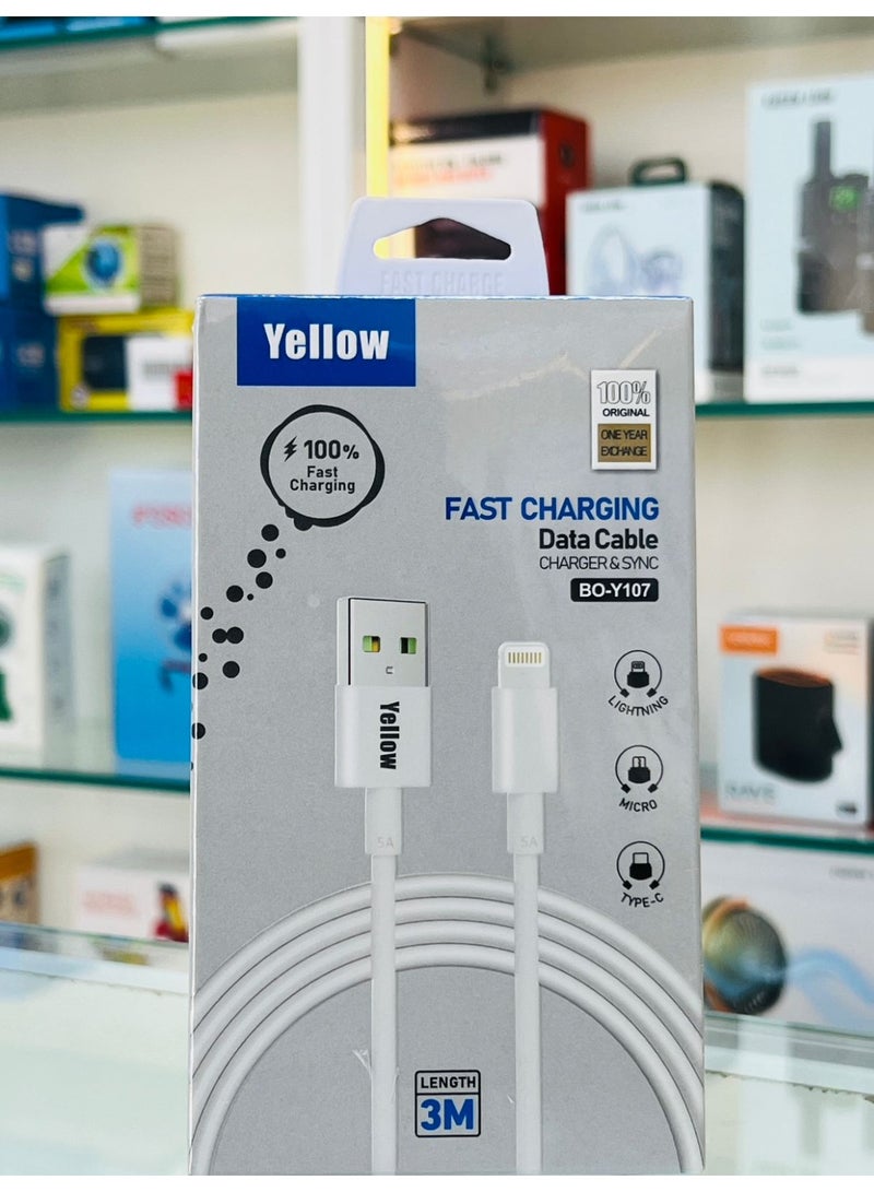 Yellow BO-Y107 Fast Charging Lightning Cable 3M - Image 1