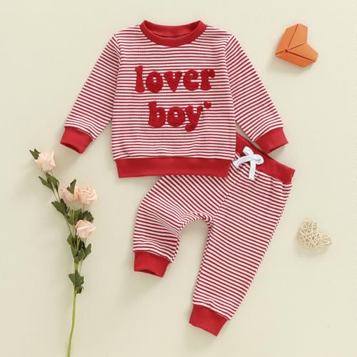 Lesimsam Toddler Baby Boy Valentines Outfit Lover Boy Embroidery Long Sleeve Waffle Knit Sweatshirt and Pants Set (Striped-Red, 18-24 Months) - Image 4