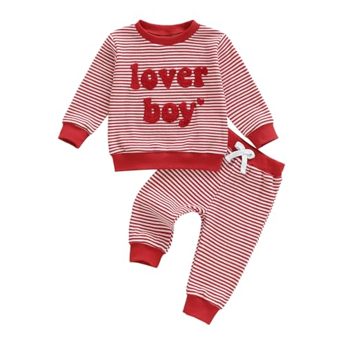 Lesimsam Toddler Baby Boy Valentines Outfit Lover Boy Embroidery Long Sleeve Waffle Knit Sweatshirt and Pants Set (Striped-Red, 18-24 Months) - Image 1