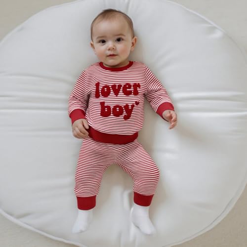Lesimsam Toddler Baby Boy Valentines Outfit Lover Boy Embroidery Long Sleeve Waffle Knit Sweatshirt and Pants Set (Striped-Red, 18-24 Months) - Image 2