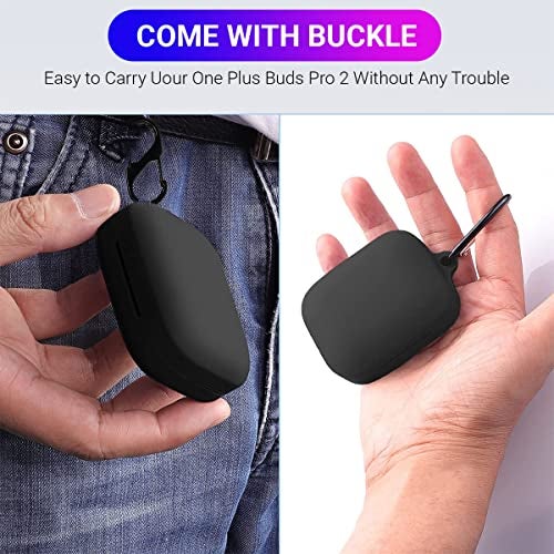 KACA Silicone Soft Case Cover with Keychain Shockproof Flexible Full Body Protective Skin Cover for OnePlus Buds Pro 2 2023 / Pro 2R 2023 (Black) - Image 5