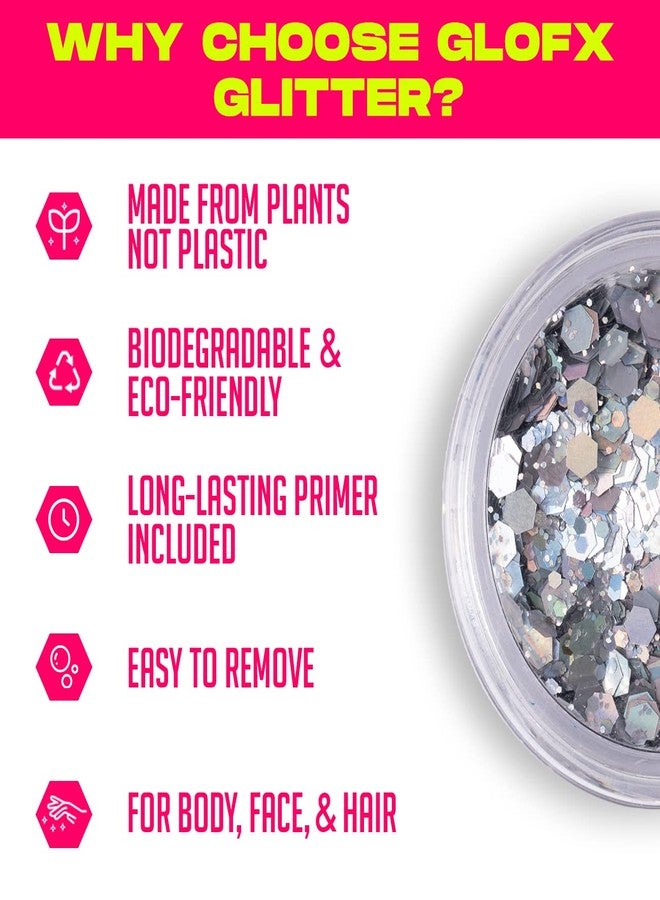 جلو اف اكس مكياج لامع فضي قابل للتحلل الحيوي | نباتي، صديق للبيئة، لامع للشعر، لامع للوجه أو الجسم | إكسسوار مكياج للكوسبلاي، موسيقى الرقص الإلكترونية، المهرجانات الموسيقية وحفلات الرقص الصاخبة | 5 غرامات من اللمعان الخشن - Image 4