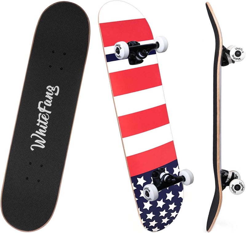 WhiteFang Skateboards for Beginners, Complete Skateboard 31 x 7.88, 7 Layer Canadian Maple Double Kick Concave Standard and Tricks Skateboards for Kids and Beginners - Image 1