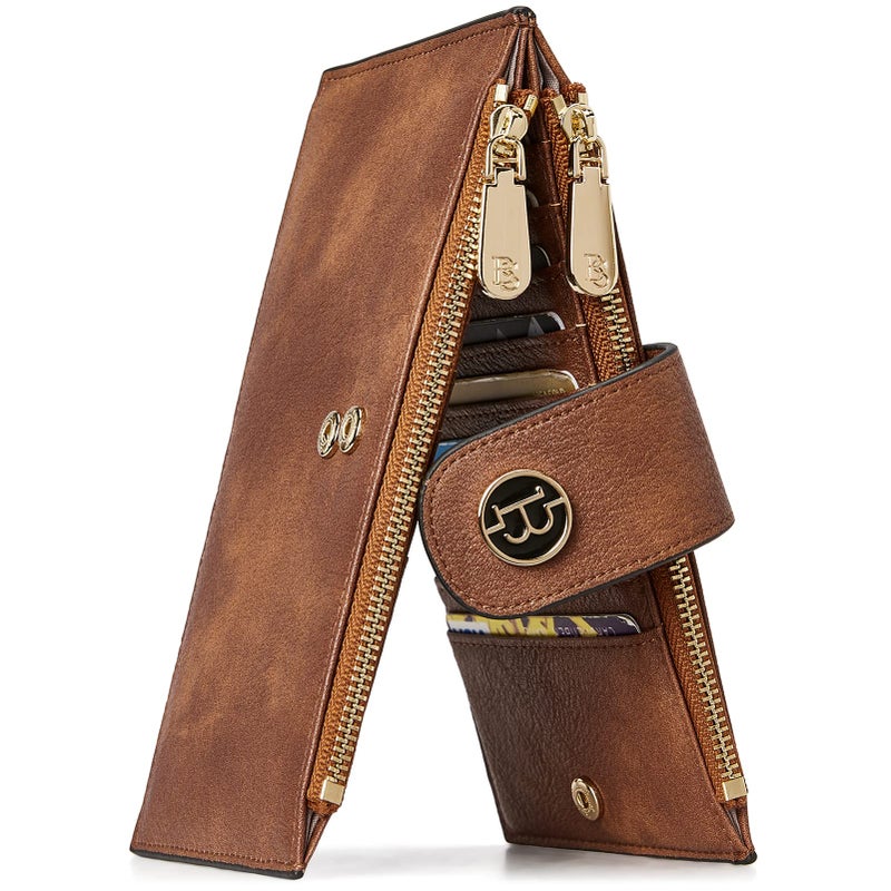 BOSTANTEN Leather Wallets for Women Large RFID Blocking Slim Bifold Purse Card Holder with Zipper Pocket Vegan Brown - Image 1