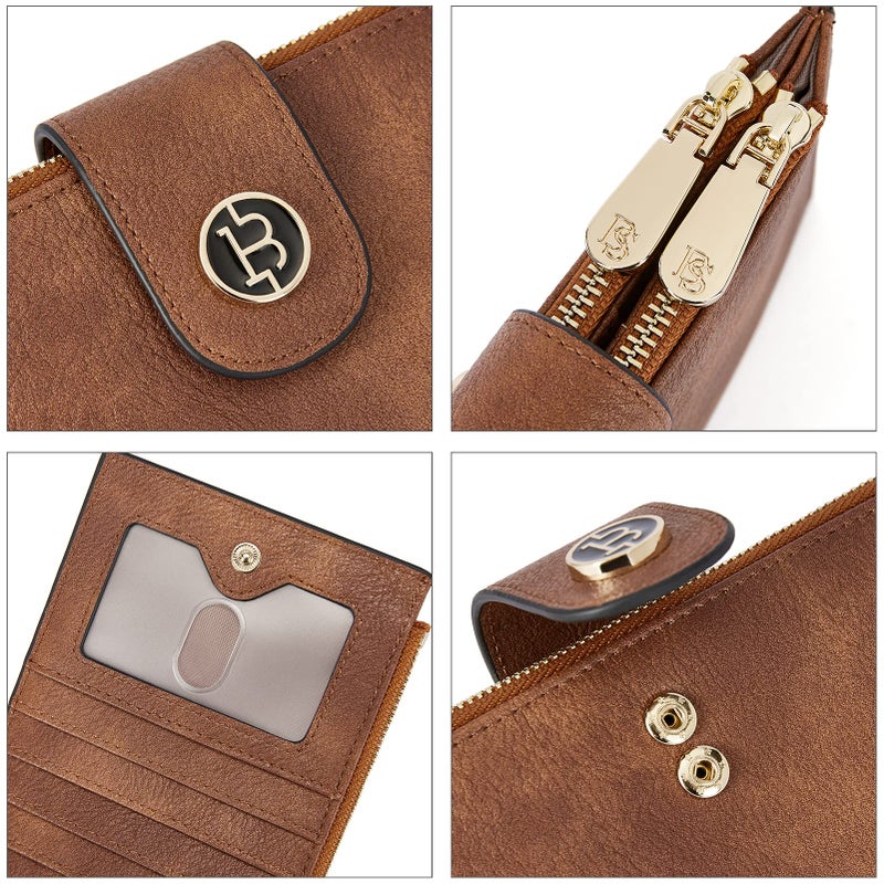 BOSTANTEN Leather Wallets for Women Large RFID Blocking Slim Bifold Purse Card Holder with Zipper Pocket Vegan Brown - Image 4