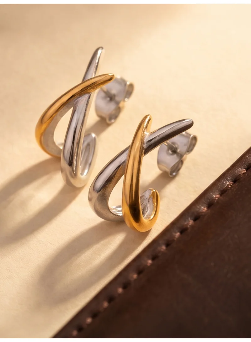 Palmonas PALMONAS Fusion Curve Two Tone Stud Earrings for Women | 18K Gold Plated, Waterproof & Anti-Tarnish