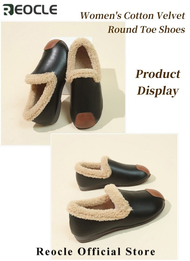 REOCLE Women's Cotton Velvet Shoes Round Toe Moccasins Wild Flats Cozy Slip on House Shoes Winter Mini Boots with Comfy Rubber Sole  - Image 4