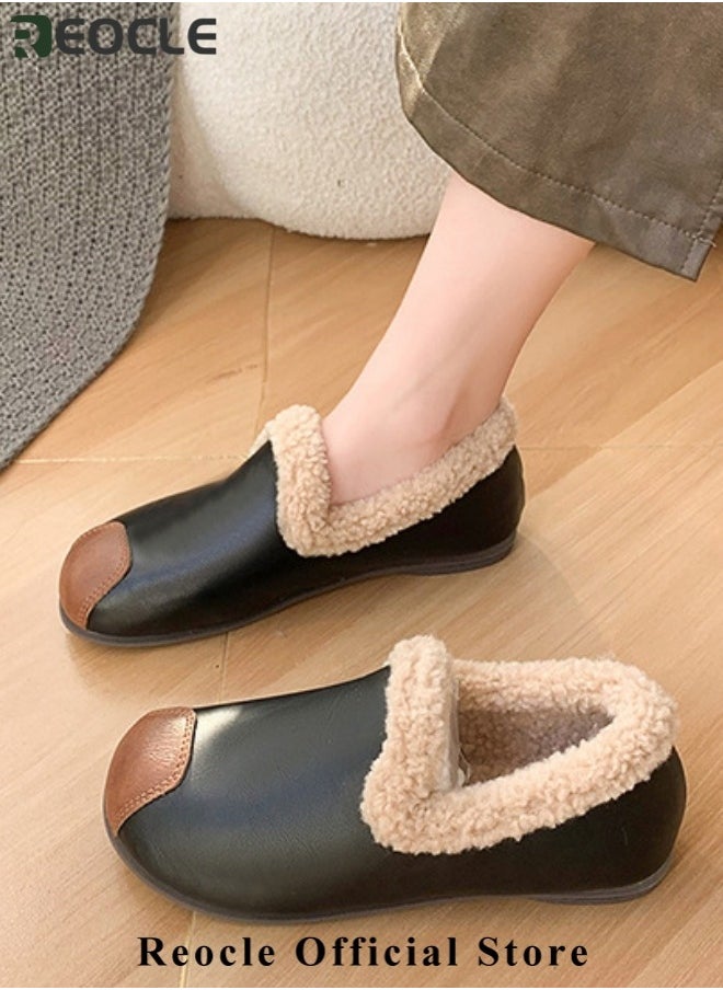 REOCLE Women's Cotton Velvet Shoes Round Toe Moccasins Wild Flats Cozy Slip on House Shoes Winter Mini Boots with Comfy Rubber Sole  - Image 2