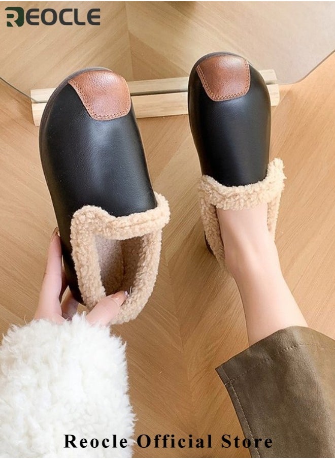 REOCLE Women's Cotton Velvet Shoes Round Toe Moccasins Wild Flats Cozy Slip on House Shoes Winter Mini Boots with Comfy Rubber Sole  - Image 3
