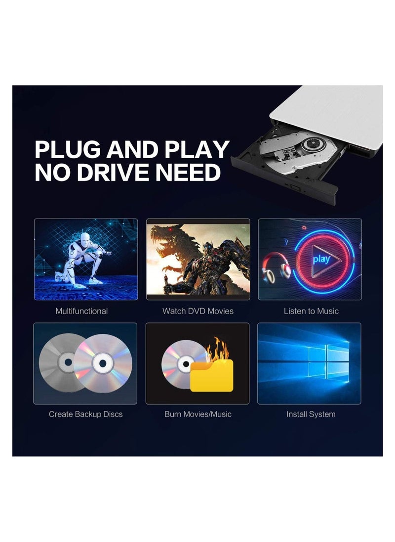 محرك أقراص CD/DVD خارجي للكمبيوتر المحمول، USB 3.0 نحيف للغاية محمول كاتب متوافق مع ماك ماك بوك برو/إير آي ماك سطح المكتب ويندوز 7/8/10/XP/Vista (أبيض) - Image 3