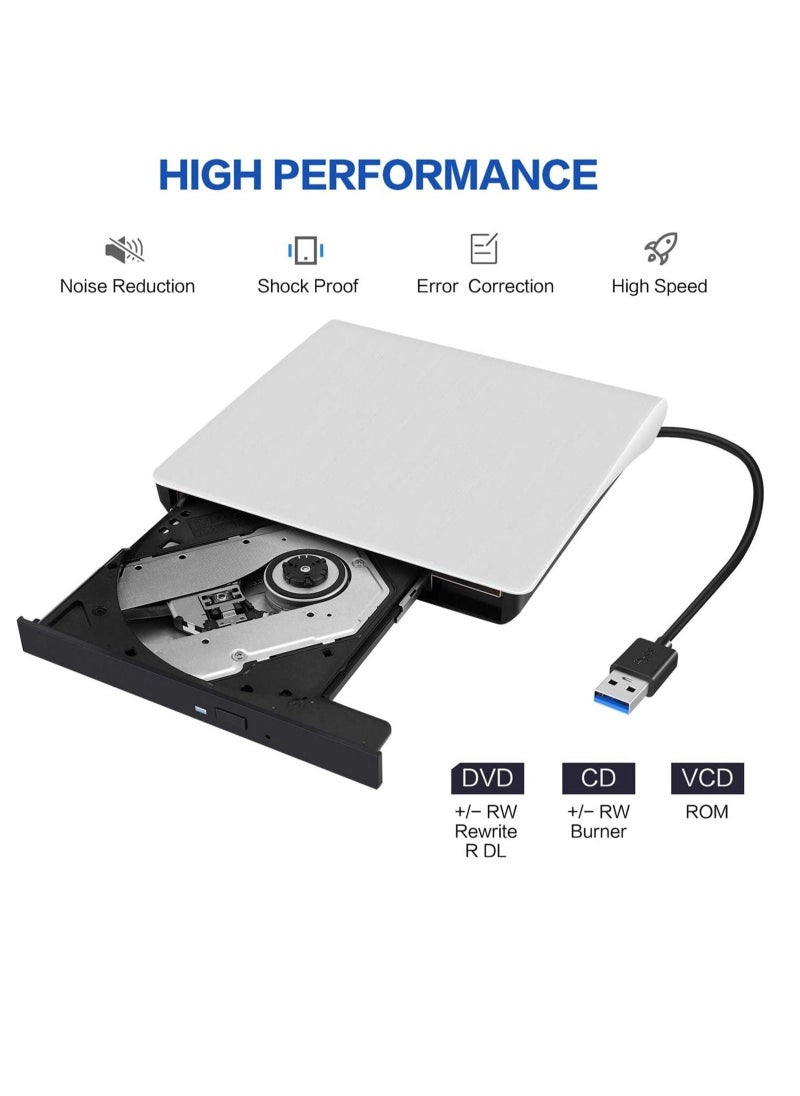 محرك أقراص CD/DVD خارجي للكمبيوتر المحمول، USB 3.0 نحيف للغاية محمول كاتب متوافق مع ماك ماك بوك برو/إير آي ماك سطح المكتب ويندوز 7/8/10/XP/Vista (أبيض) - Image 5