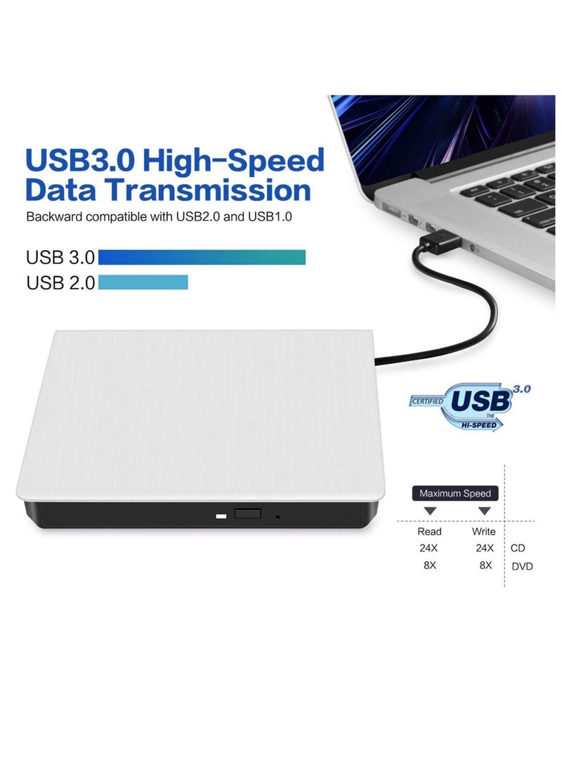 محرك أقراص CD/DVD خارجي للكمبيوتر المحمول، USB 3.0 نحيف للغاية محمول كاتب متوافق مع ماك ماك بوك برو/إير آي ماك سطح المكتب ويندوز 7/8/10/XP/Vista (أبيض) - Image 2