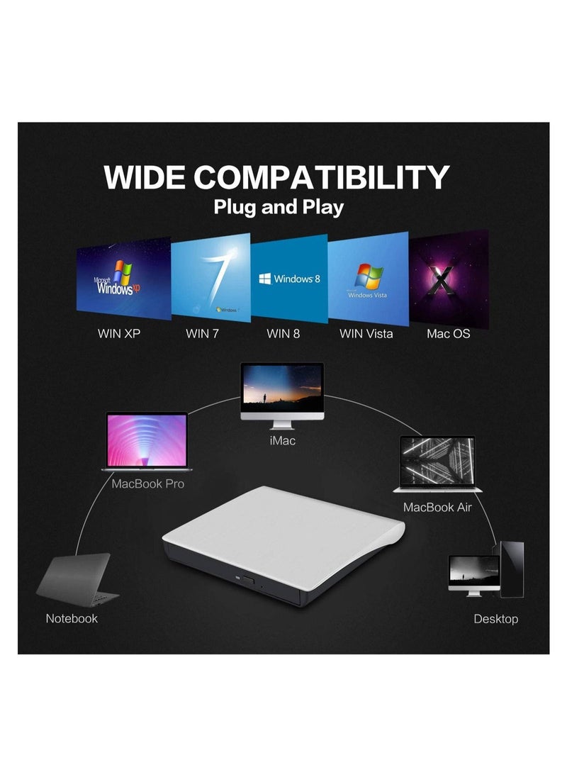 محرك أقراص CD/DVD خارجي للكمبيوتر المحمول، USB 3.0 نحيف للغاية محمول كاتب متوافق مع ماك ماك بوك برو/إير آي ماك سطح المكتب ويندوز 7/8/10/XP/Vista (أبيض) - Image 4