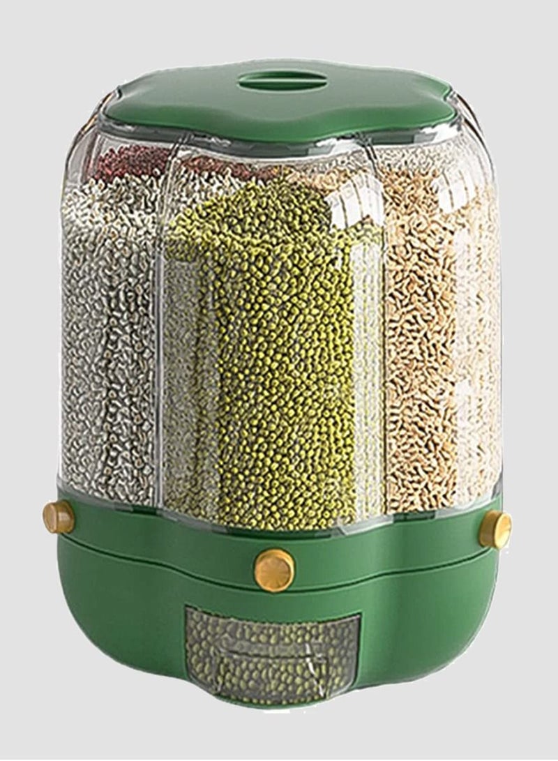 Inder 6 Grid Multiple Grains Food Dispenser 360° Rotating Grain Dry Food Storage Bucket 9kg Sealed Cereal Container Tank Dry Fruit Storage Dispenser Box for Home Kitchen (Green) - Image 1
