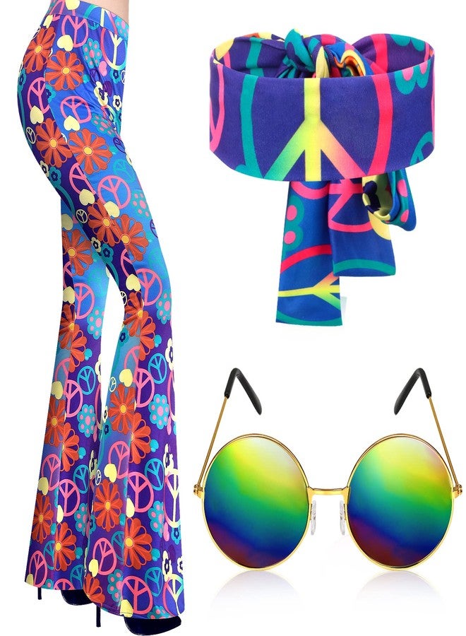 Tisancy 3 Pcs 60s 70s Outfit for Women Hippie Costume Set Disco Flared Pants Groovy Outfit Party Accessories(L Size, Retro) - Image 1
