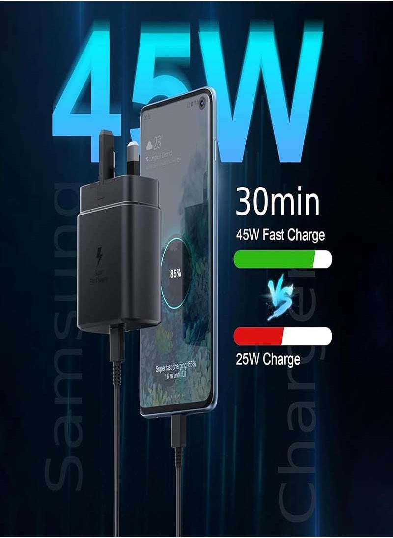 أسبور شاحن سريع 45W Type-C مع كابل USB-C بطول 1 متر، متوافق مع Samsung Galaxy S23 Ultra/S23/S23+/S22/S22 Ultra/S22+/Note 10/20/S20/S21/Tab S7/S8 - أسود  - Image 2