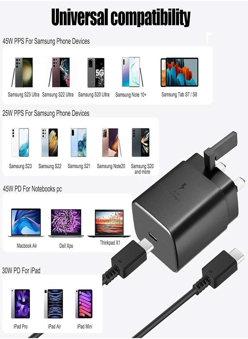 أسبور - شاحن سريع 45W Type-C مع كابل USB-C بطول 1 متر، متوافق مع Samsung Galaxy S23 Ultra/S23/S23+/S22/S22 Ultra/S22+/Note 10/20/S20/S21/Tab S7/S8 - أسود - Image 1