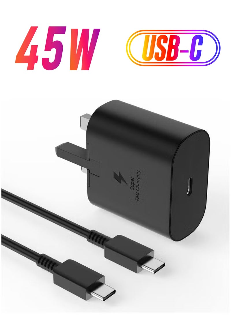 أسبور شاحن سريع 45W Type-C مع كابل USB-C بطول 1 متر، متوافق مع Samsung Galaxy S23 Ultra/S23/S23+/S22/S22 Ultra/S22+/Note 10/20/S20/S21/Tab S7/S8 - أسود  - Image 1