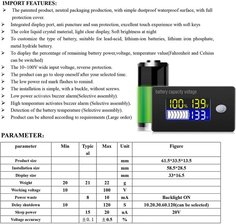 Fasizi قطعتان مؤشر سعة بطارية 12V شاشة LCD فولتميتر مقياس حرارة اختبار لبطاريات الليثيوم أيون والليثيوم فوسفات الحديد والحمض الرصاصي - Image 4