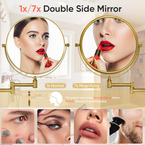 GURUN 8 Wall Mounted Makeup Mirror with 7X MagnificationTwoSided Swivel Bathroom MirrorBrushed Gold Finish M1406GJ87X Gifts for Mom Mothers Day Women - Image 3