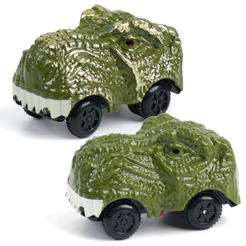 BEMITON Pack of 2 Dinosaur Car Toy Birthday Gifts for 3 4 5 6 7 Year Old Boys Kids Replacement Track Car with LED Light Up Dino Accessories Compatible with Race Track Building Kits - Image 1