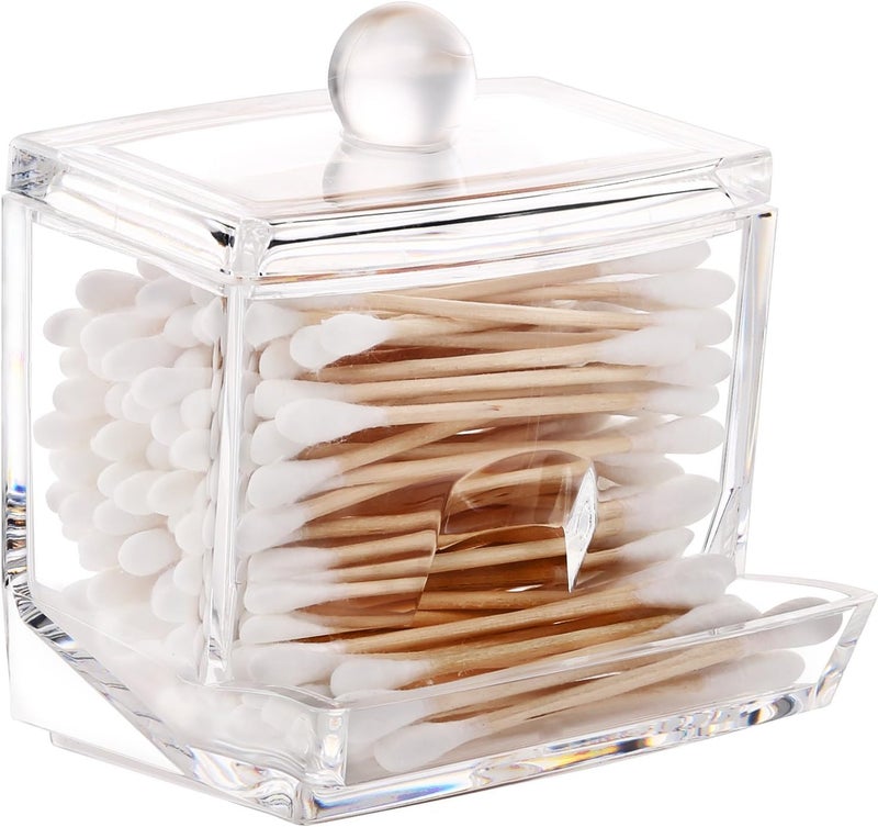 Cyrox Transparent Acrylic Cotton Buds Holder with Lid, Cotton Swab Dispenser for Bathroom Vanity, Makeup Organizer Box for Cotton Buds and Cosmetics, Storage Box Container (1Pcs) - Image 1