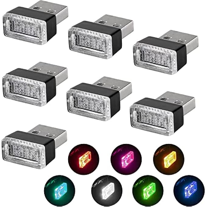 اليمن 7 قطع من مصابيح LED ليلية صغيرة مزخرفة بمنفذ USB، إضاءة محيطة للسيارة بمنفذ USB، إضاءة محيطة داخلية، ملحقات داخلية للسيارة، حماية للعين، إضاءة ليلية للكمبيوتر المحمول، ديكور، 7 ألوان - Image 1