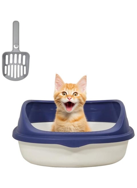 Semi-enclosed litter box with litter scoop, Anti-splashing, Suitable for medium sized cat, Easy to clean and detachable fence, Open top high sided litter box 37 cm L (Blue and White Color)