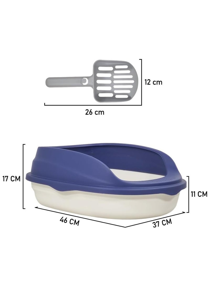 Semi-enclosed litter box with litter scoop, Anti-splashing, Suitable for medium sized cat, Easy to clean and detachable fence, Open top high sided litter box 37 cm L (Blue and White Color)