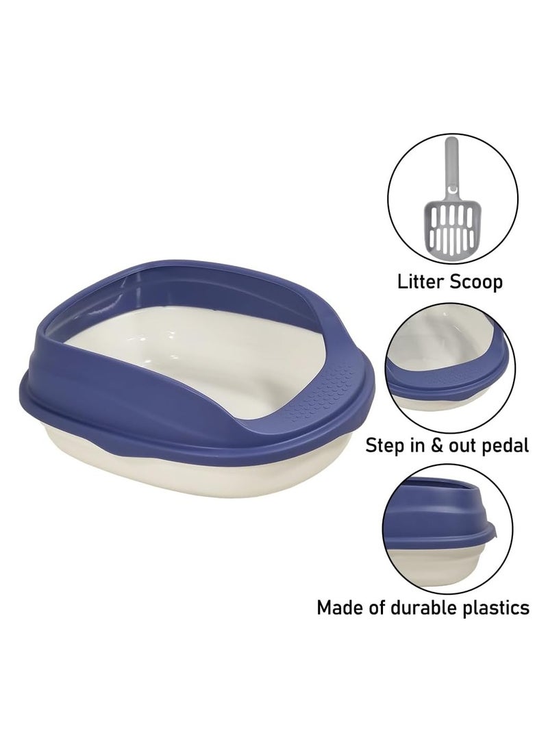Semi-enclosed litter box with litter scoop, Anti-splashing, Suitable for medium sized cat, Easy to clean and detachable fence, Open top high sided litter box 37 cm L (Blue and White Color)